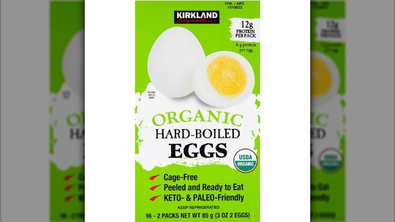 Box of Kirkland hard boiled eggs on white background