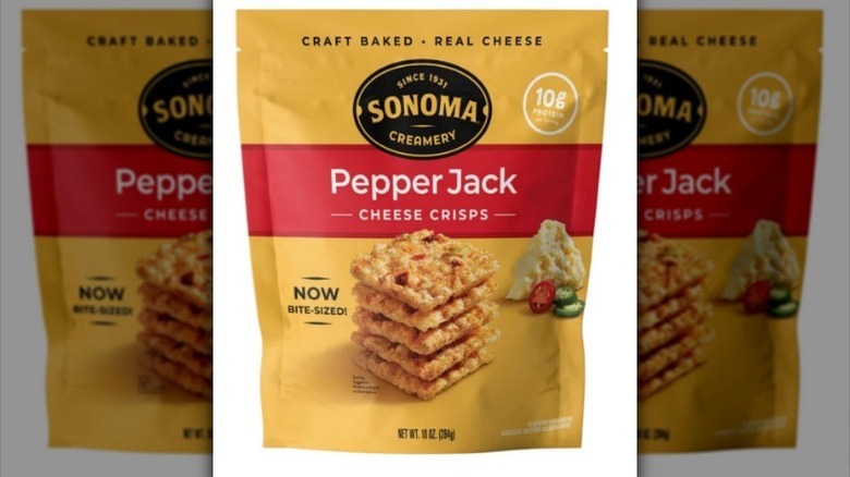 Sonoma Creamery pepper jack cheese crisps on white background