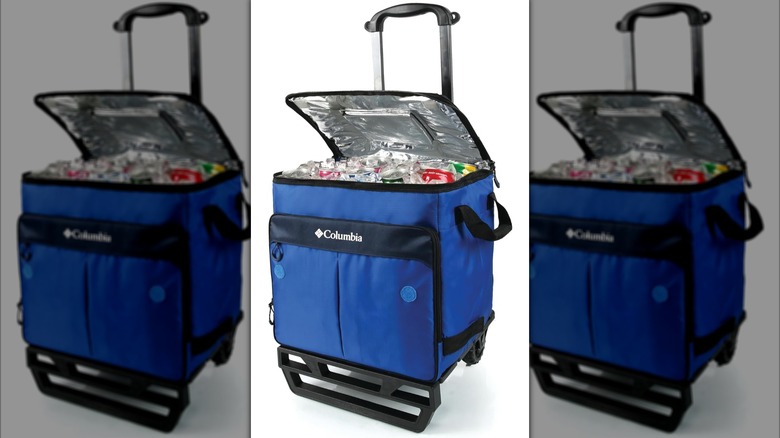 Columbia Crater Peak Wheeled Cooler in blue on a white background