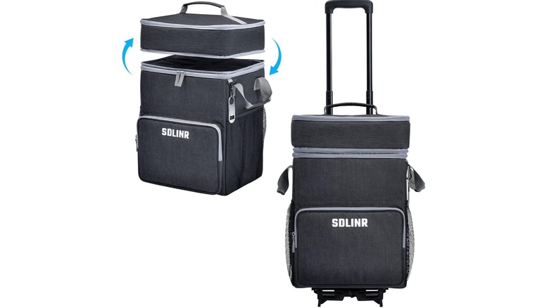 SDLINR 72-Can Large Rolling Cooler in black in two positions on a white background