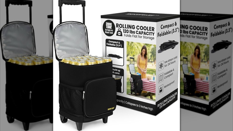 Ultra Compact Cooler Smart Cart with Wheels and the box it comes in on a white background