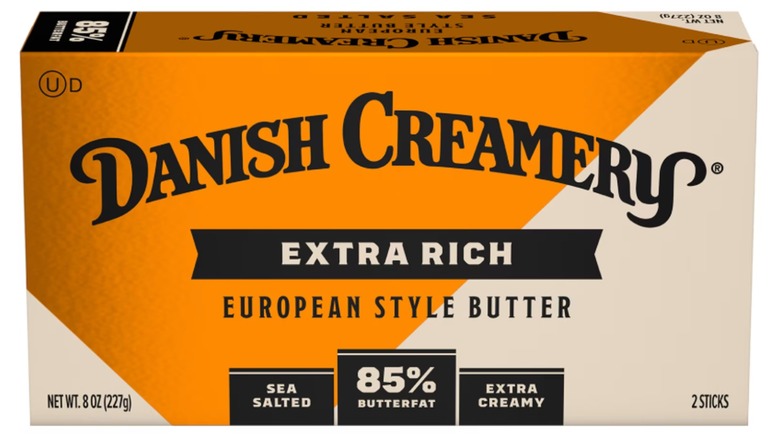 A package of Danish Creamery European Style Butter on a white background