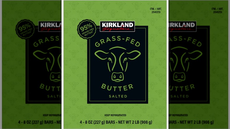 Kirkland Signature Grass-Fed Butter packaging on a white background