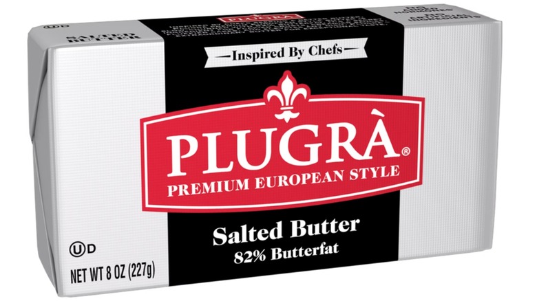A package of Plugrà Premium European Style Butter on a white background