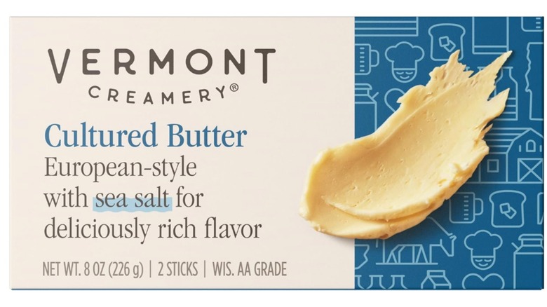 A box of Vermont Creamery Cultured Butter on a white background