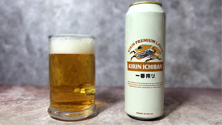 glass and can of Kirin Ichiban beer