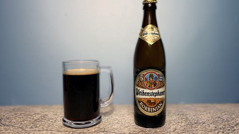 glass and bottle of Weihenstephaner beer
