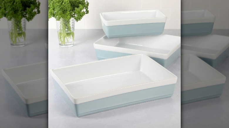 3 piece bakeware set on counter with plant