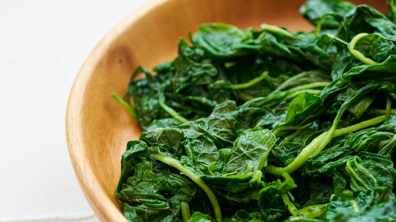 Bowl of cooked spinach