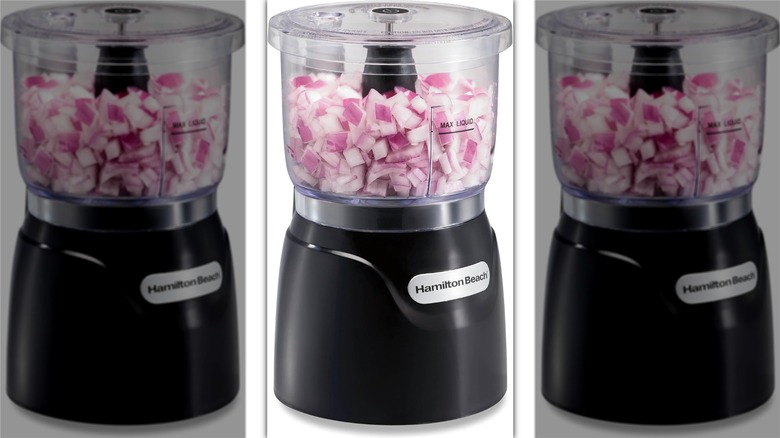 Product image of the Hamilton Beach Stack & Press 3 Cup Chopper with chopped red onions inside.