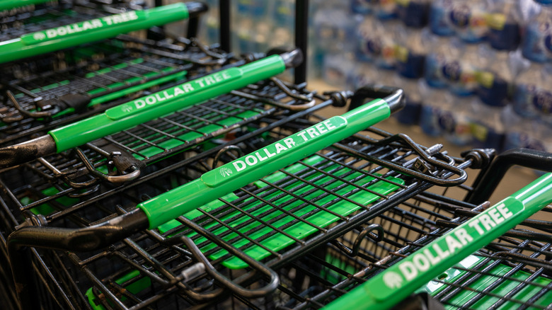 A row of Dollar Tree green shopping carts