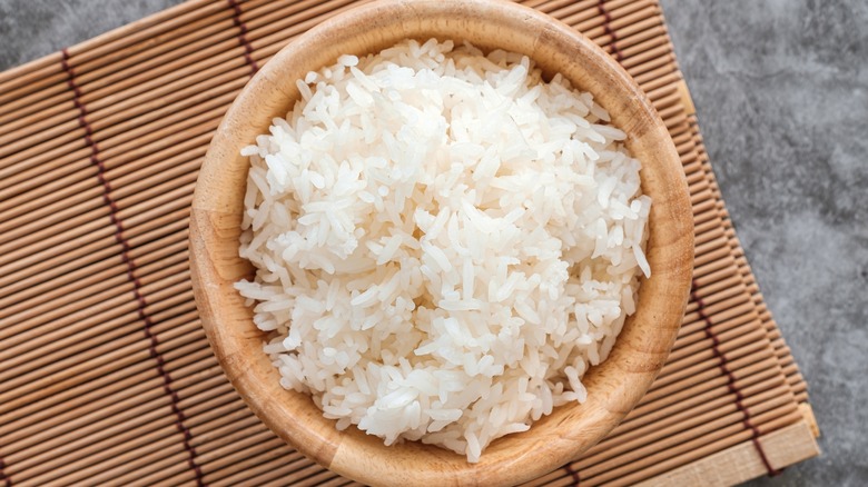White rice in wood bowl