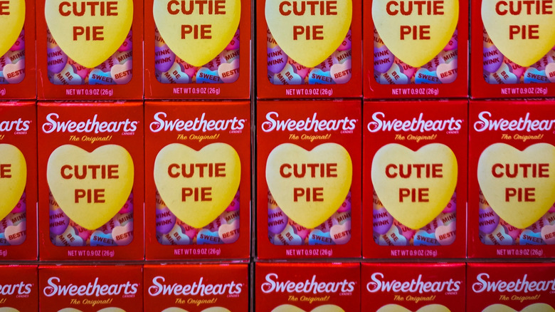 Display of Sweethearts candy hearts in individual boxes.