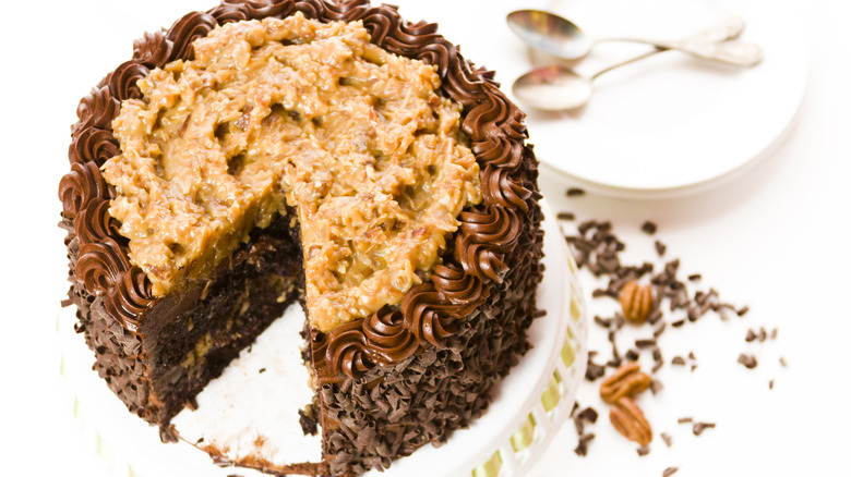 German chocolate cake on stand