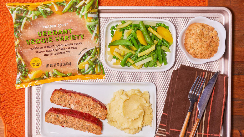 Verdant veggie variety prepared with meatloaf and mashed potaotes