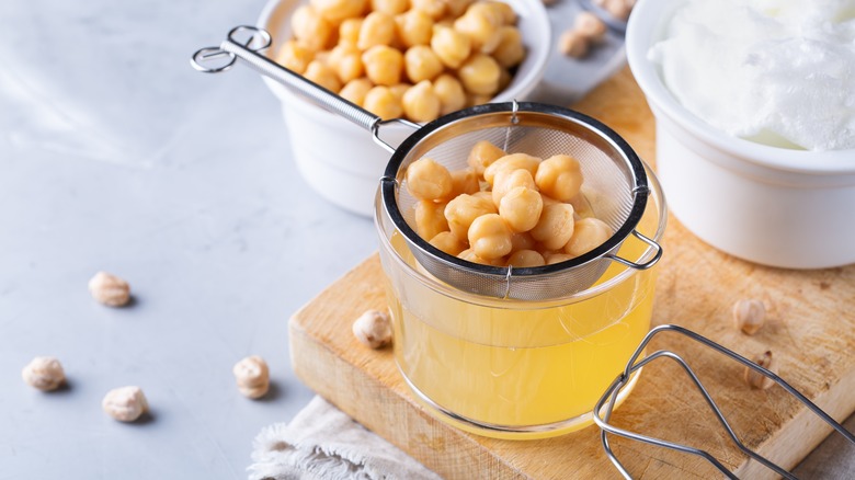 drained chickpeas and aquafaba