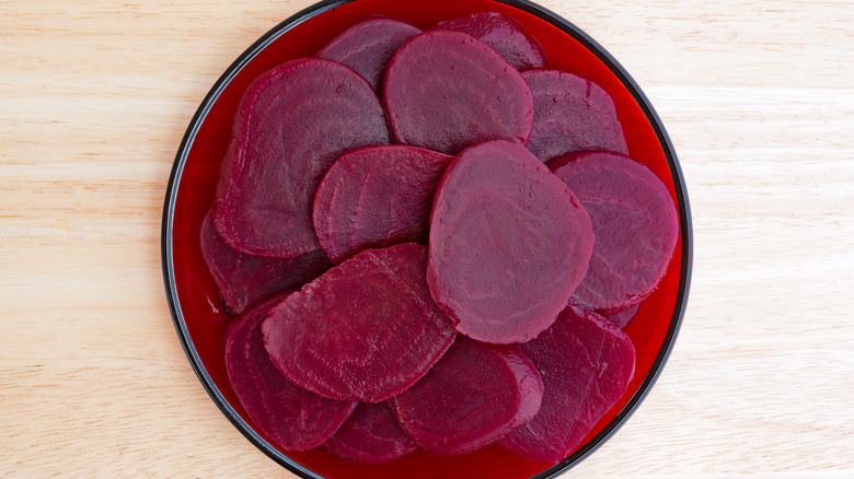 overhead plate of sliced beets