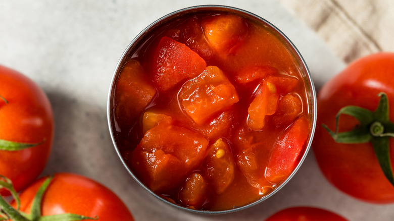 overhead view of canned tomatoes