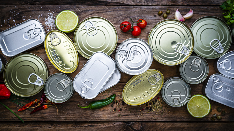 overhead canned foods on table