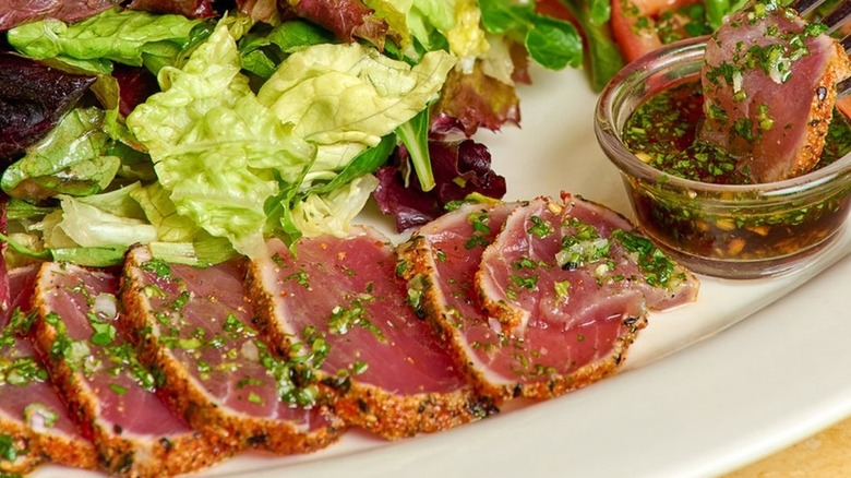 Close-up on a serving of Cheesecke Factory's seared tuna tataki salad