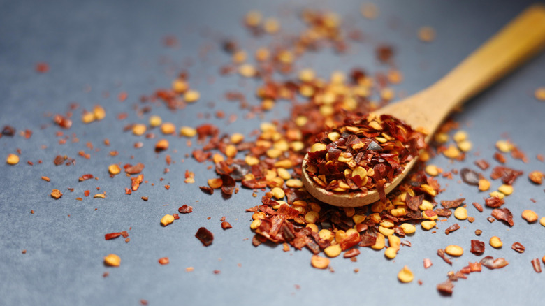 Crushed red pepper flakes arranged on and around a wooden spoon