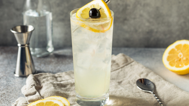 Tom Collins cocktail with surrounded by bartending equipment and sliced lemons