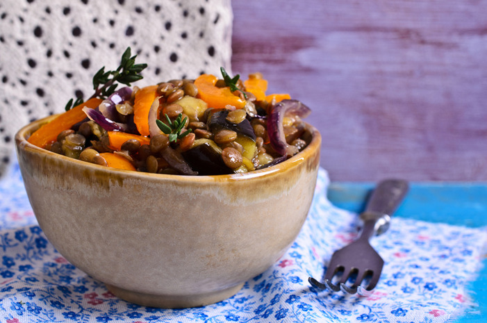 French Lentils with Roasted Roots, Caramelized Onions, and Thyme