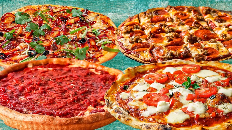 4 pizzas on blue-green background