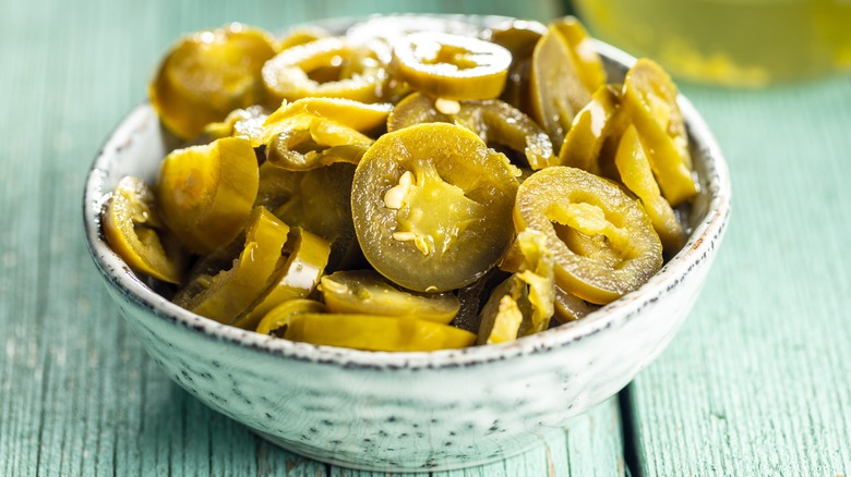Pickled jalapeños in bowl
