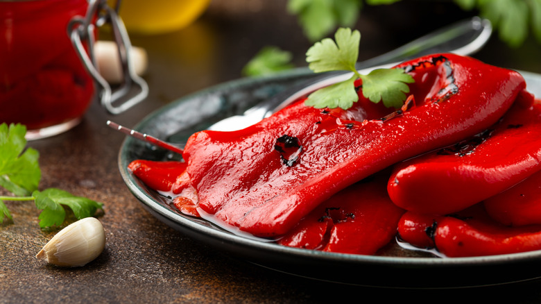 Roasted red peppers on plate