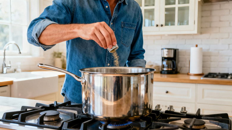 A person adds seasoning to a large stainless steel pot on a gas range