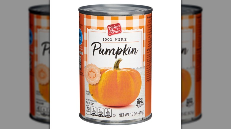 A can of Baker's Corner Canned Pumpkin on a white background