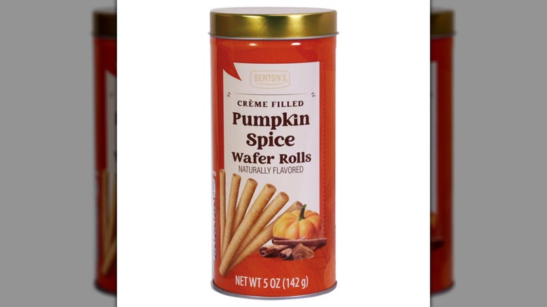 A container of Benton's Creme Filled Pumpkin Spice Wafer Rolls on a white background