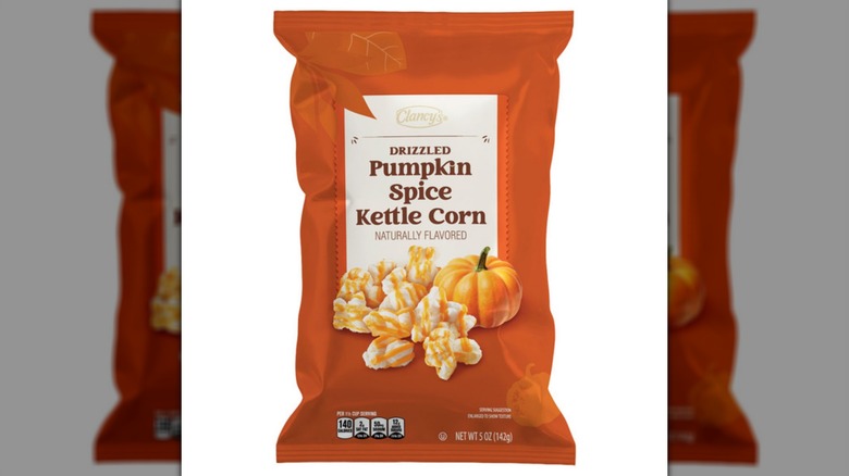 A bag of Clancy's Drizzled Pumpkin Spice Kettle Corn on a white background
