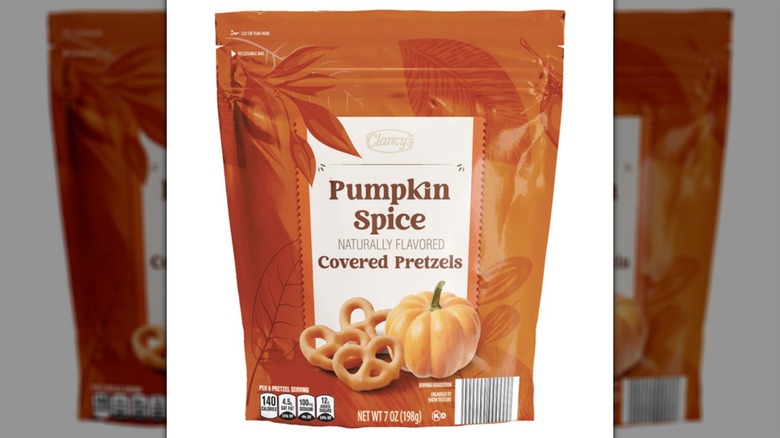 A bag of Clancy's Pumpkin Spice Covered Pretzels on a white background