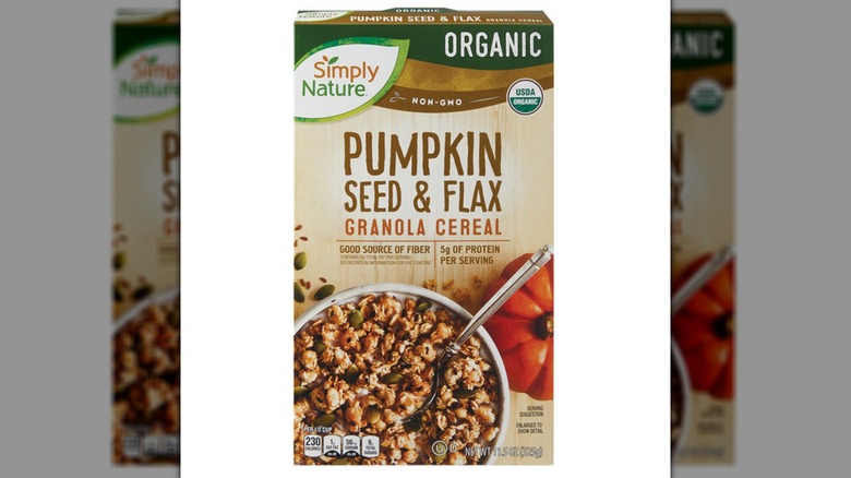 A box of Simply Nature Organic Pumpkin Seed & Flax Granola Cereal on a white background