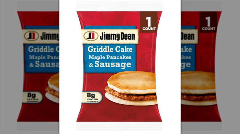 Jimmy Dean griddle cake sandwich on white background