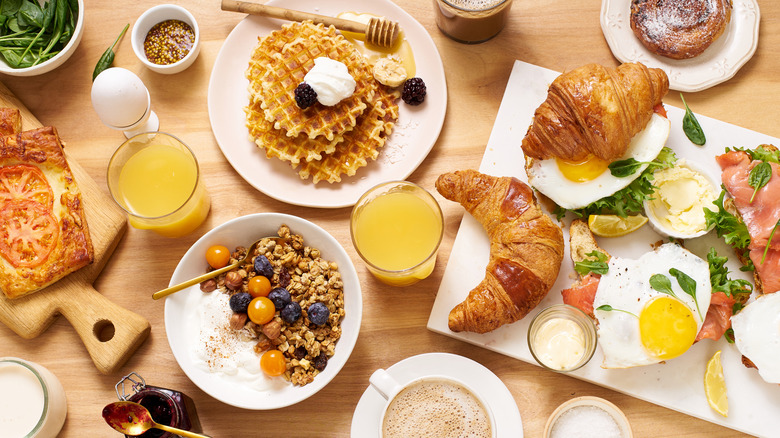An overhead view of brunch foods