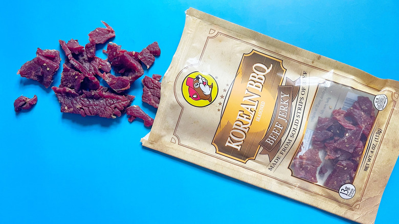 A bag of Korean BBQ jerky spilling its contents