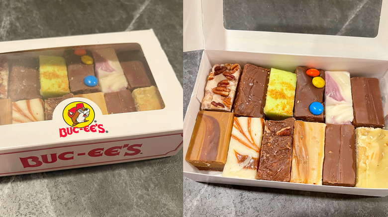 A box of Buc-ee's assorted fudge with lid closed on the left and open on the right