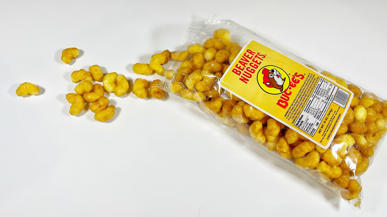 A bag of Beaver Nuggets spilling its contents