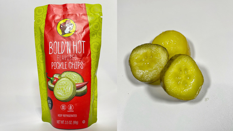 A bag of pickle chips on the left with three of them arranged on the right