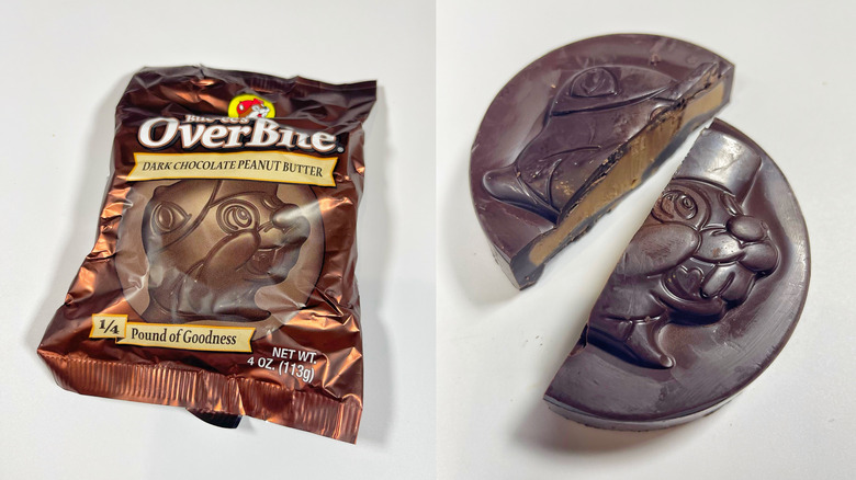 Buc-ee's OverBite bar in its package and out of the package cut in half
