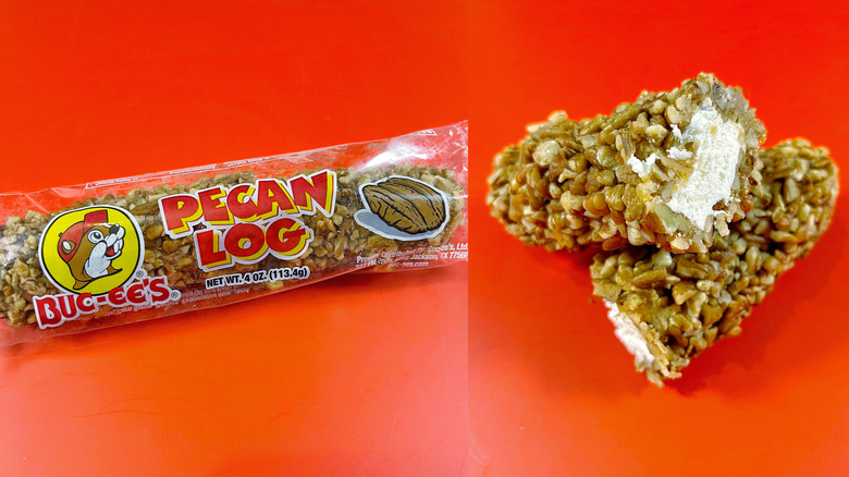 The Pecan Log in its package and cut in half