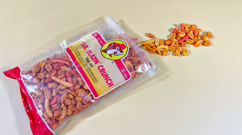 Buc-ee's Trail Blazin' Crunch trail mix spilling from the bag