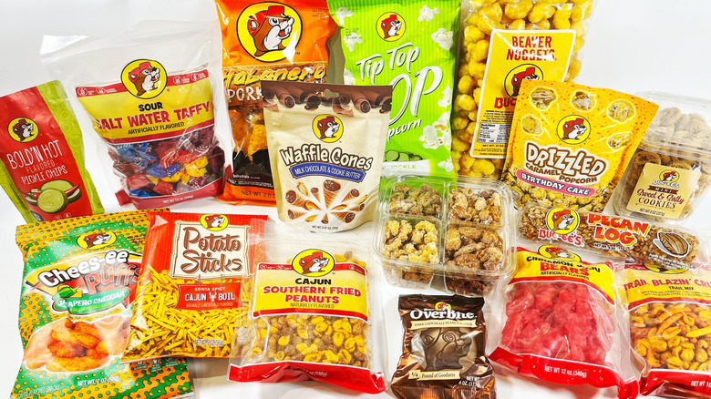 A variety of packaged snacks from Buc-ee's