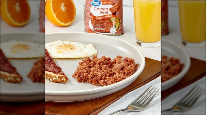 A plate of Great Value canned corned beef and eggs for breakfast