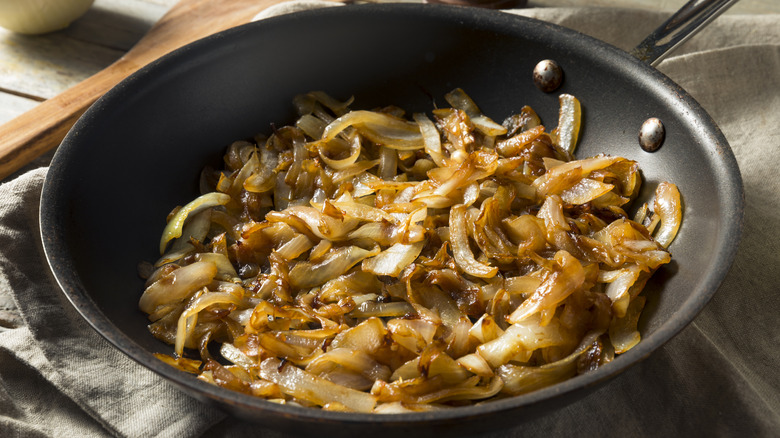 Caramelized onions in a frying pan