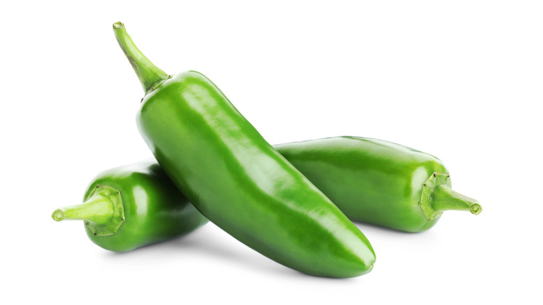 Bright green jalapeno peppers isolated against a white background