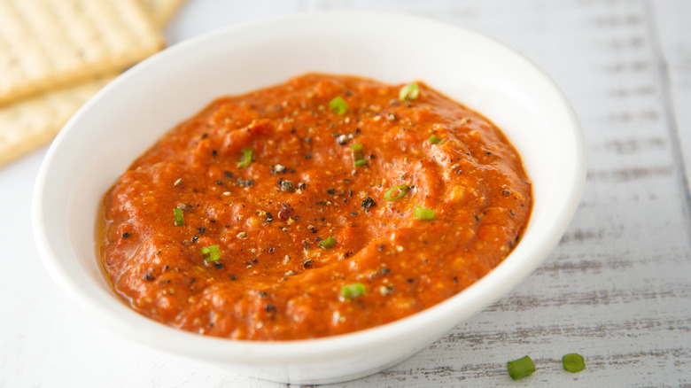 Roasted vegetable sauce in a white bowl